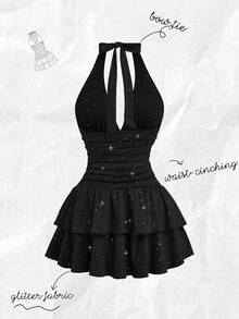 Olithes Robe décontractée en tissu noir brillant avec col ras-du-cou, taille nouée, double volant à l'ourlet, convient pour les sorties, le travail, les rendez-vous, les fêtes, les rassemblements, le thé de l'après-midi - Noir - Voir 2