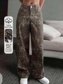 DAZY Women's Leopard Print Slant Pocket Casual Versatile Jeans - Brown - View 1