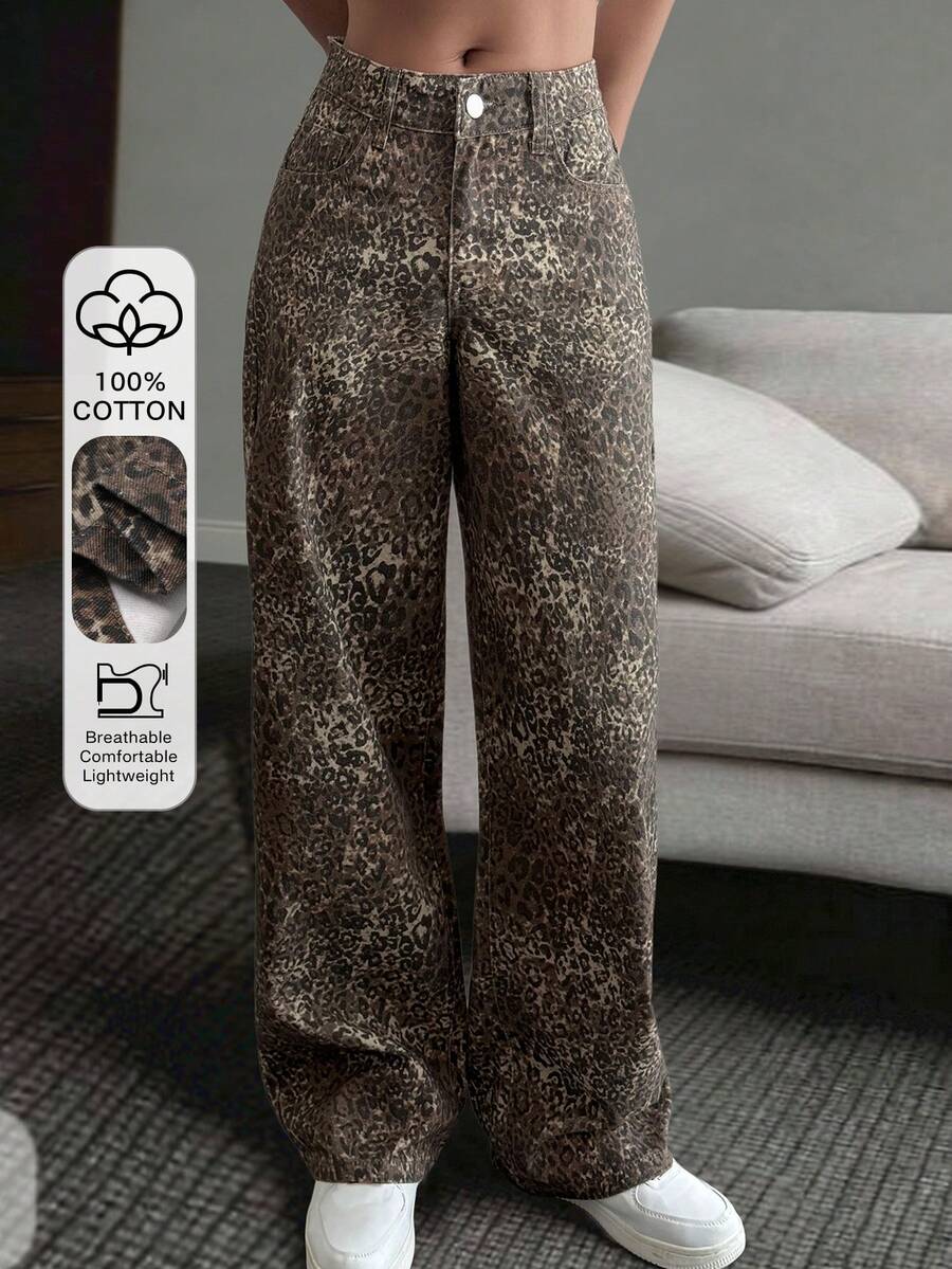 DAZY Women's Leopard Print Slant Pocket Casual Versatile Jeans - Brown - View 1