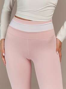 Menodora SHEIN Sport Quần legging thể thao nữ tối giản, cạp cao, co giãn, ôm bụng, phối màu tương phản, thích hợp cho kỳ nghỉ hè, quà tặng Valentine cho nữ, ngày lễ tình nhân, trang phục thường ngày, đồ thể thao nữ, quần tập gym màu hồng, quần tập yoga màu hồng. - Hồng - Xem 4