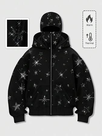 Street Life Men's Pentagram Rhinestone Stylish Kangaroo Pocket Zipper Hoodie Sweatshirt