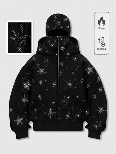 Street Life Men's Pentagram Rhinestone Stylish Kangaroo Pocket Zipper Hoodie Sweatshirt