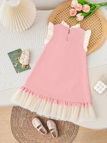 SHEIN Gaun Kasual Anak Perempuan Motif Blok Warna Pink & Aprikot dengan Hiasan Mutiara Jala, Cocok untuk Pemakaian Sehari-hari & Bepergian - Berwarna merah muda - View 6