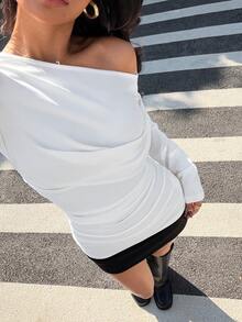 Muchica 1件女士白色针织修身长袖单肩T恤 - 白色 - 查看 7