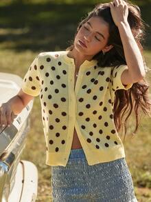 WESTFADE Áo khoác cardigan tay ngắn cổ tròn chấm bi cài cúc phía trước - Nhiều màu - Xem 4