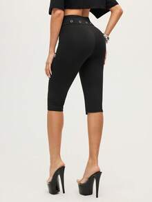 MTV | SHEIN Women's Summer Letter Pattern Grommet Eyelet Waist High-Waisted Leggings - Black - View 2