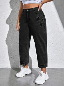Jeanoix Plus Size Solid Color Distressed Slant Pocket Casual Versatile Jeans - Black - View 4