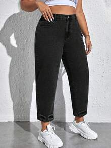 Jeanoix Plus Size Solid Color Distressed Slant Pocket Casual Versatile Jeans - Black - View 5