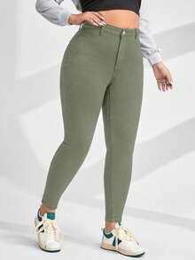 SHEIN CURVE+ 大码女式牛仔休闲黑色弹力紧身七分裤，套装 - 軍綠色 - 查看 4