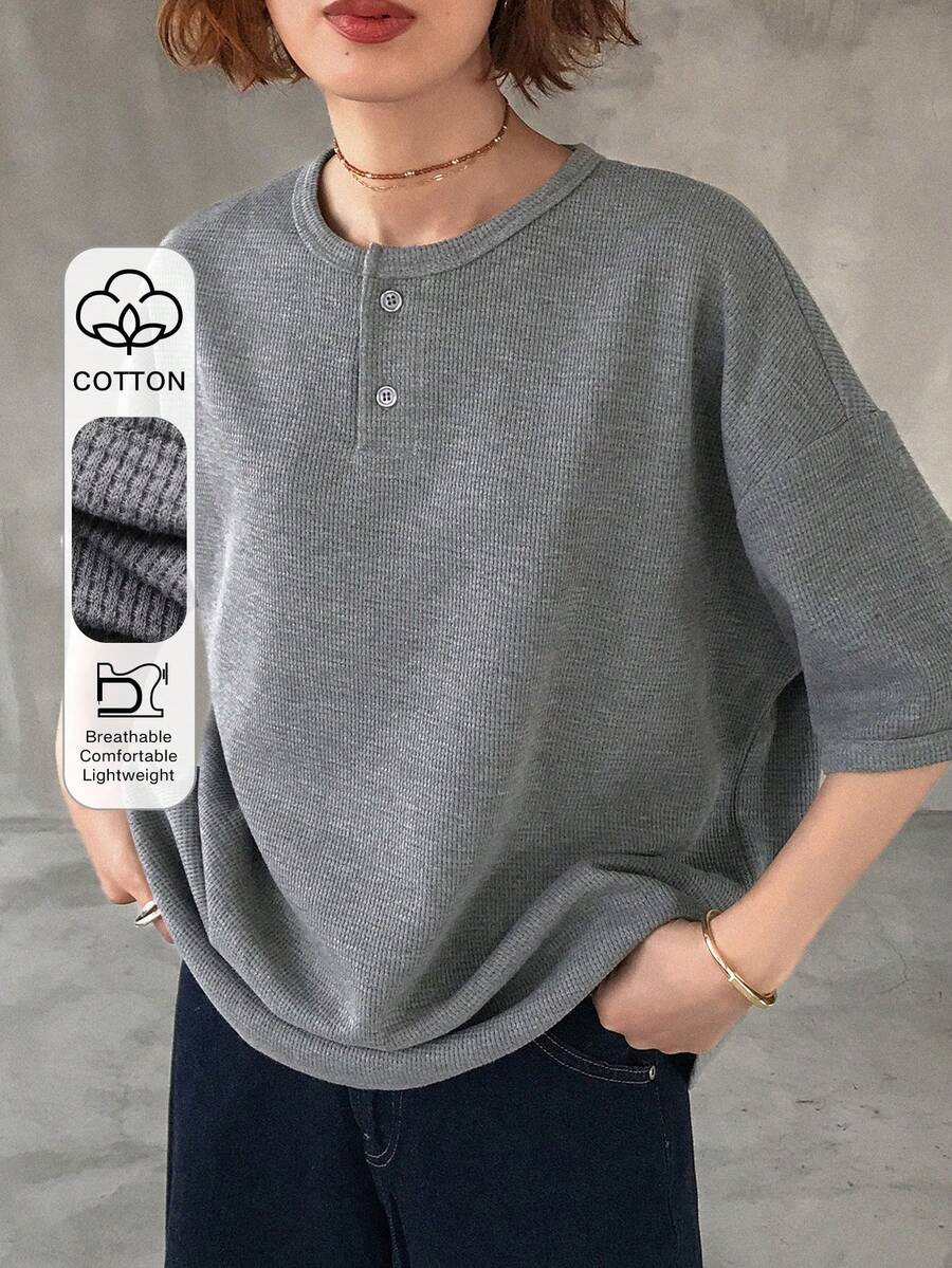 FRIFUL 女士休闲日常通勤简约纯色纹理面料半开襟宽松T恤，夏季 - 灰色 - 查看 1