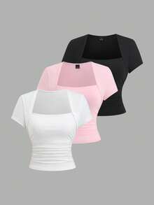 Sweetra Y2K Casual Versatile Slimming Academic Style Vacation Pleated T-Shirt Set - Multicolor - View 1
