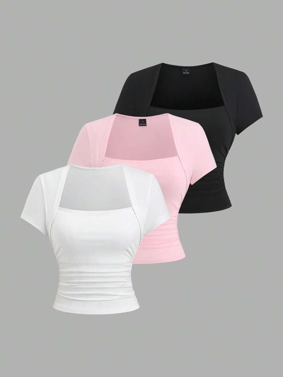 Sweetra Y2K Casual Versatile Slimming Academic Style Vacation Pleated T-Shirt Set - Multicolor - View 1