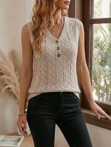 EMERY ROSE Áo len dệt kim dáng suông cổ điển mùa hè, cài nút. - Màu be - Xem 4