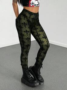 StreetHx Women's Black Sheer Mesh Punk Flocked Leggings - Army Green - View 4