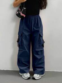 Sparklyn Quần cargo thường ngày cho bé gái tuổi teen với túi nắp - Xanh đậm - Xem 5