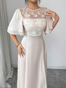 Modelyn 女士优雅花卉刺绣网纱拼接连衣裙，春夏款 - 杏色 - 查看 3