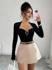GlowEve New Elegant French Style Fashion Suit, Pleated Square Neck Flattering Bust, Slim Fit Long Sleeve T-Shirt + Elastic Waist Asymmetric Hem Skort, Casual Sexy Versatile Women 2-Piece Set - Multicolor - View 2