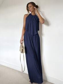 Siren Gaze Women's Solid Color Pleated Halter Neck Camisole And Wide Leg Pants 2-Piece Set, Spring/Summer - Navy Blue - View 5