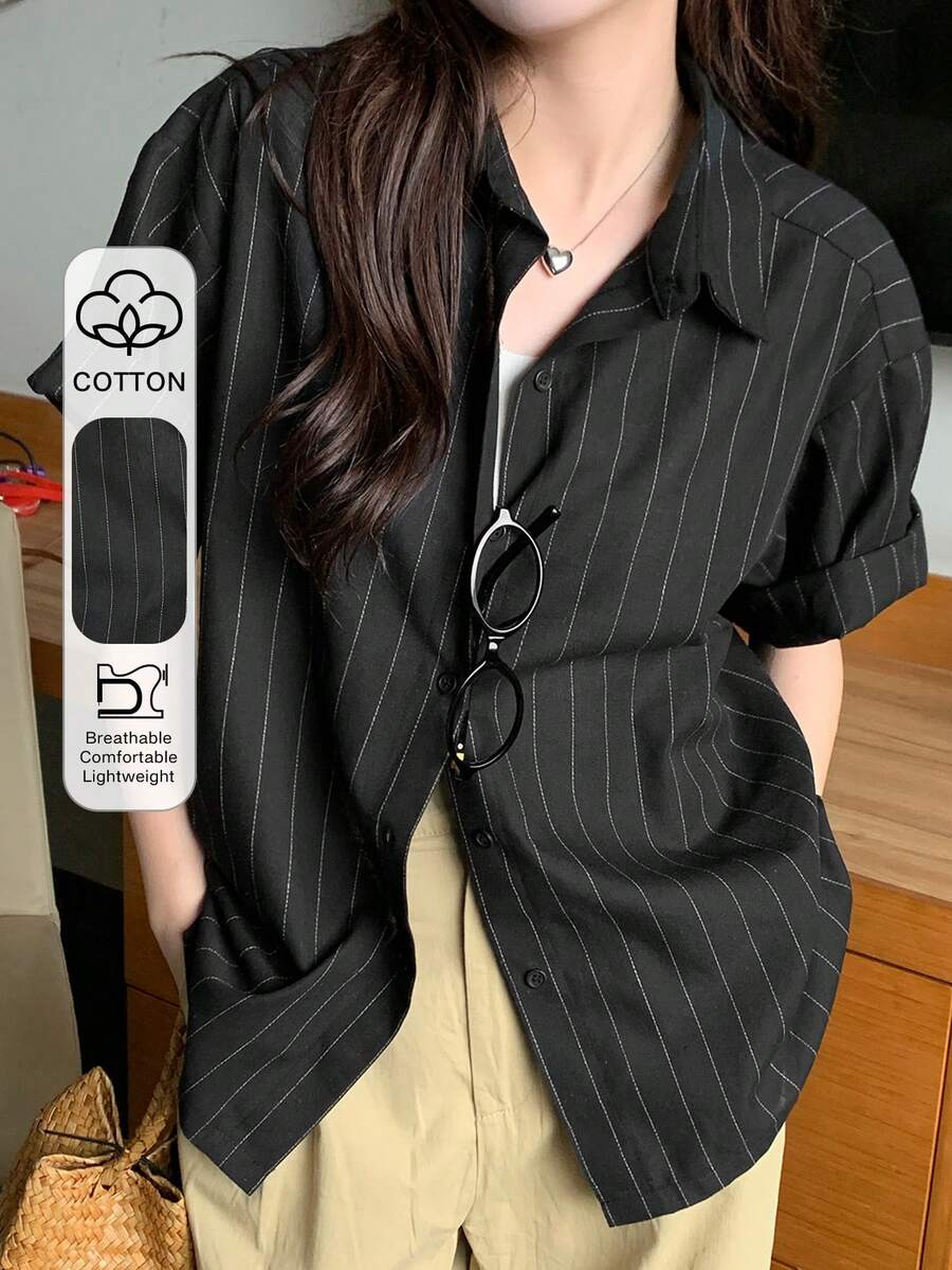 DAZY 女士条纹短袖衬衫，夏季时尚 - 黑色 - 查看 1