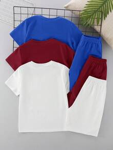 6pcs/Set Tween Boy Casual Embossed Pattern Round Neck T-Shirt & Shorts Set - Multicolor - View 2