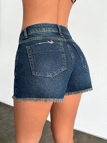 EURMUSE Shorts di jeans casual lavati da donna con tasche inclinate e orlo sfrangiato, adatti per l'estate - Blu lavato medio - Visualizzare 2