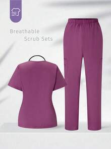 TaskEZ Scrubs Set: V-Neck Short Sleeve Top & Pants Scrub Uniform For Healthcare Workers - Red Violet - View 2