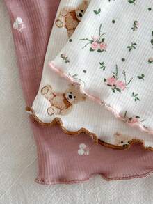 Loomiva 4 buc. Set de pijamale tricotate cu nervuri pentru nou-născuți și fetițe, vară casual, model floral, cu volane, guler rotund, mânecă scurtă, top și pantaloni - Multicolor - Vizualizare 7