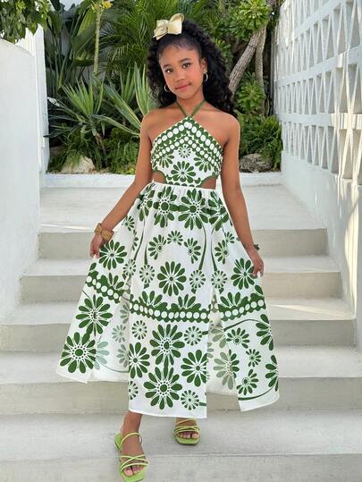 Tween Girls' Vacation Green Tropical Floral Retro Print Cutout Tie-Waist A-Line Midi Cami Dress,Kids