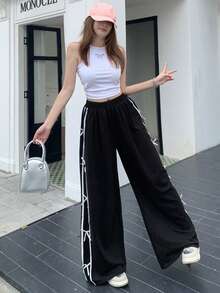 DAZY Women's Color Block Simple Bow Tie Decorated Straight Pants For Daily Wear - Black - View 3