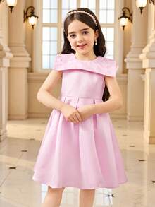 SHEIN Vestido sin mangas con cintura ceñida y cuello bordado para niñas, elegante para fiestas y ocasiones especiales - Rosa - Ver 5