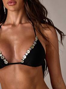 SHEIN BAE 2件套露背镂空纯色性感比基尼 - 黑色 - 查看 7