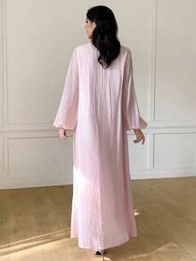 Solavon 女士优雅灯笼袖褶裥长连衣裙，简约风格，秋季之选 - 淺粉色 - 查看 6