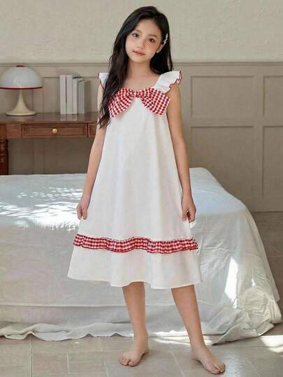 Tween Girls' Plaid Patchwork Cap Sleeve Casual Loose Daily Wear & Sleepwear Dress