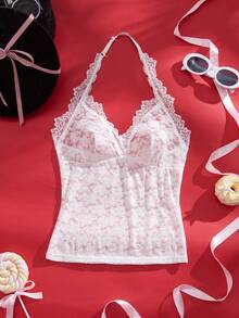SHEIN Adjustable Neck Lace Patchwork Camisole Tank Top - White - View 6