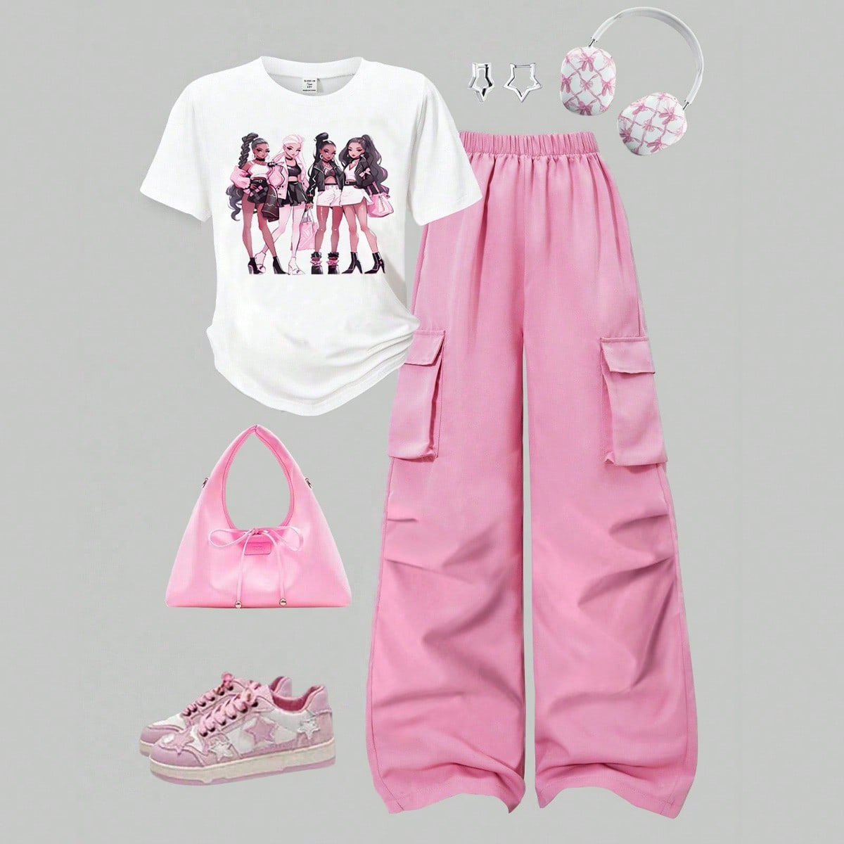 Set de 2 piezas: Camiseta de cuello redondo con estampado de letras + Pantalones cargo informales para niñas preadolescentes, estilo callejero, adecu