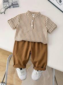 SHEIN Baby Boys Everyday Casual Co-Ord Set With Striped Stand Collar Short Sleeve Shirt And Long Pants Button Front Multicolored Polyester Outfit - Multicolor - View 9