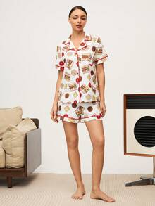 MTV | SHEIN Conjunto de pijama de top de manga corta con botones delanteros y pantalones cortos con estampado de dibujos animados para mujer - Blanco - Ver 7