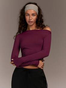 Menodora SHEIN Sport Breathable Lightweight Women's Solid Color Asymmetric Long Sleeve Yoga Top, Sweat-Wicking Quick-Dry Fabric, For Yoga Gym Workout - Purple - View 6