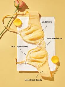 LUVLETTE Soft Woman Lingerie Breathable Underwire Sexy Unlined Minimizer Yellow Floral Lace & Sheer Mesh Bra