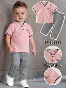 SHEIN Bộ 2 món áo polo hồng và quần short kẻ caro cho bé trai, trang phục thường ngày. - Nhiều màu - Xem 3