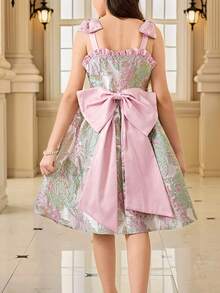 SHEIN Tween Girl Elegant 3D Bow & Pearl Decor Midi Dress Tween Girl - Pink - View 2