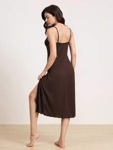 1 件女式无袖蕾丝拼布开衩条纹柔软休闲睡袍 - 咖啡棕 - 查看 2