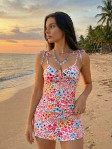 Swim Mod 2022春夏女士沙滩连衣裙，连体泳衣，可调节抽绳，蝴蝶结肩带，吊带抹胸连衣裙，粉色、浅粉色、橙色、浅蓝色，适合夏季度假、海滩、泳池、日常穿着 - 彩色 - 查看 4