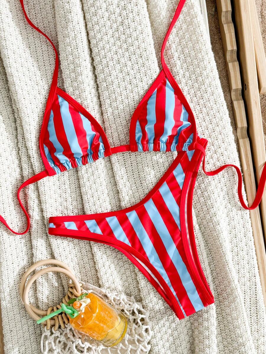 Swim Vcay Set Bikini Wanita Musim Semi/Panas Terbaru 2026, 2pcs/Set, Celana Bikini Segitiga Bergaris Motif Acak & Set Bikini Kasual untuk Liburan Pantai - MultiWarna - View 1