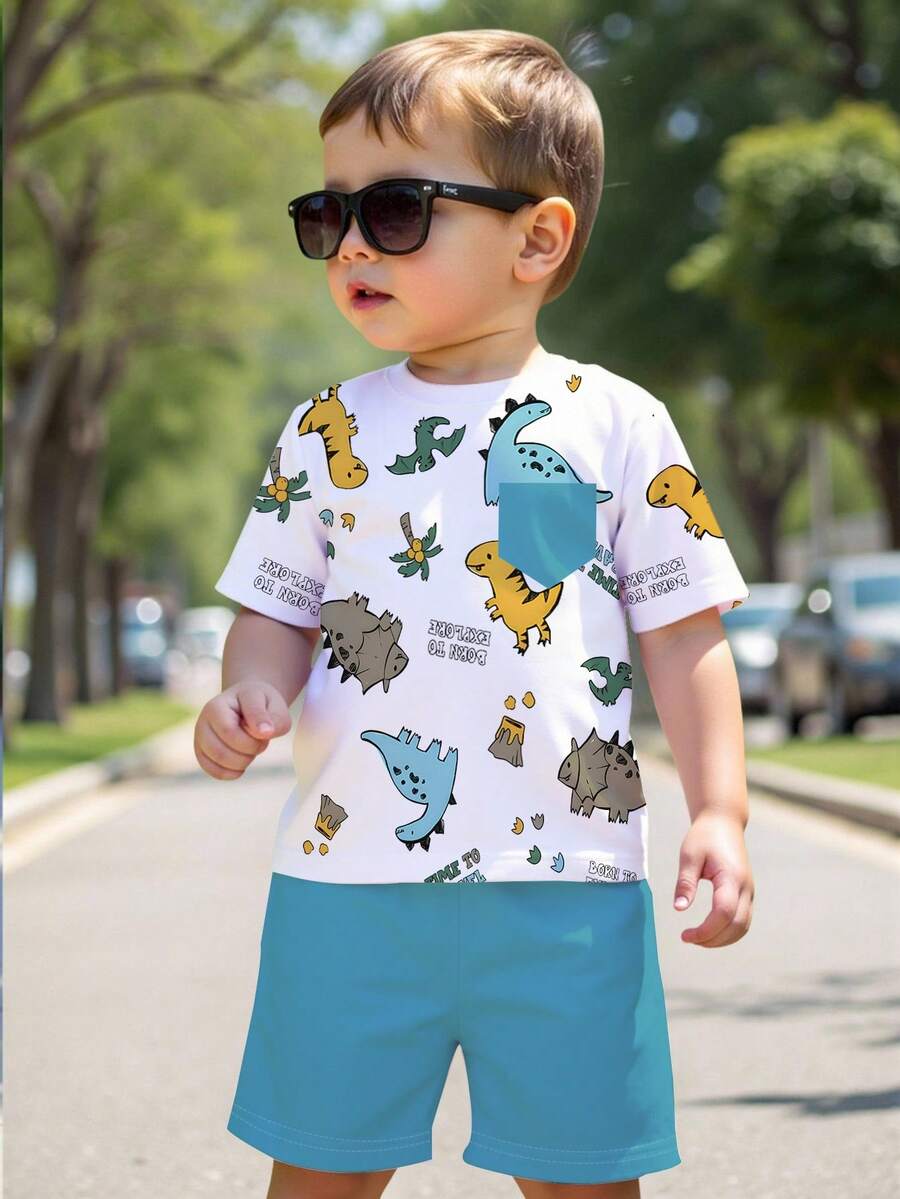 两件套男婴恐龙印花圆领短袖T恤和短裤休闲套装，适合日常玩耍，春夏可爱之选