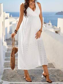 SHEIN Maternity Hollow Out Embroidery Overlap V-Neck Sleeveless Casual Dress, Summer Holiday Outfits , Summer Outfits, Summer Clothes