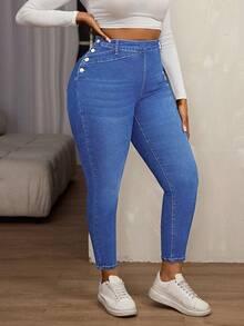 Slaydiva Plus Size Women Elastic Side Button Skinny Jeans - Medium Wash - View 3