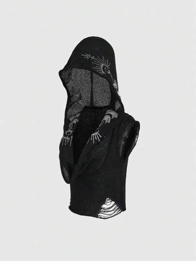 ROMWE Goth Hippie Star & Moon Embroidered Witch Hooded Shawl Collar Sheer Knit Top For Women