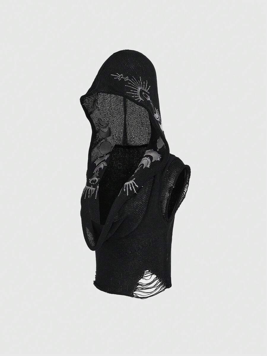 ROMWE Goth Hippie Star & Moon Embroidered Witch Hooded Shawl Collar Sheer Knit Top For Women - Black - View 1