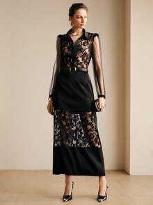 Arave Women's Woven Hollow-Out Lace Casual Vacation Style Short Sleeve Top And Long Skirt 2-Piece Set, Elegant Dress - Black - View 7